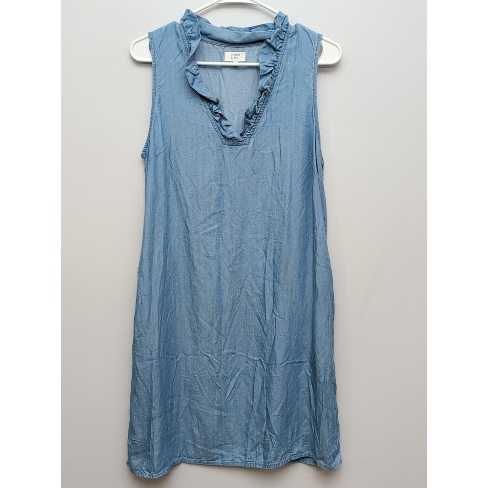 crown & ivy Light Blue Sleeveless Ruffle V-Neck Shift Dress